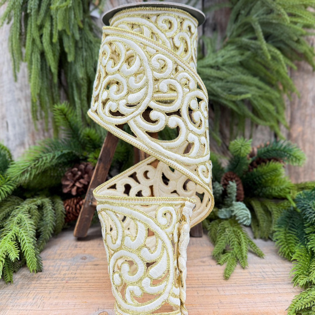 4" Ivory and Gold Embroidered Ribbon