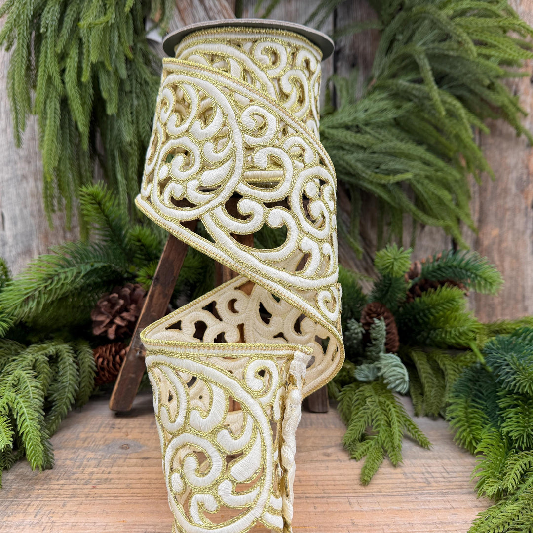 4" Ivory and Gold Embroidered Ribbon