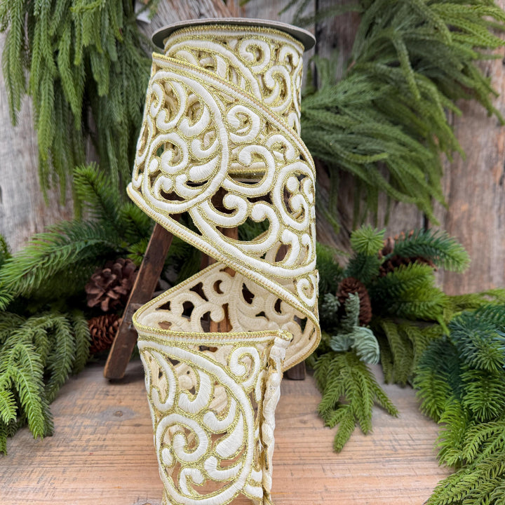 4" Ivory and Gold Embroidered Ribbon