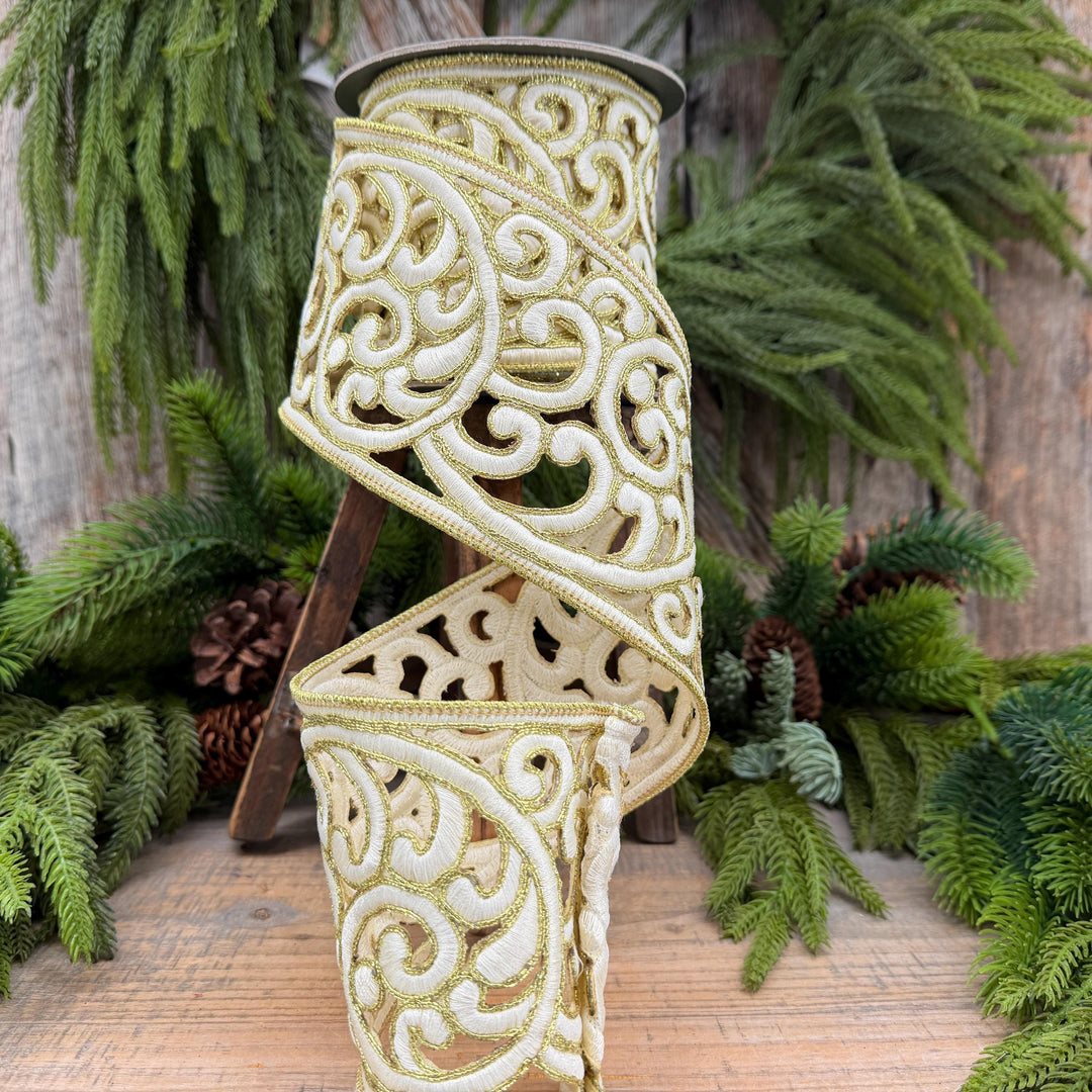 4" Ivory and Gold Embroidered Ribbon