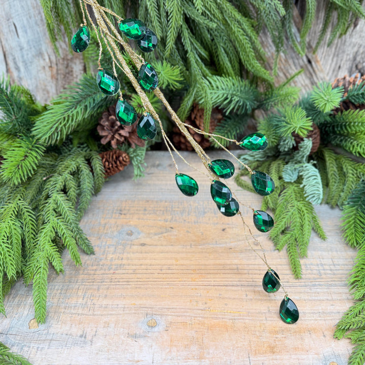 26" Emerald Green Gem Spray – Faceted Jewel Christmas Tree Pick