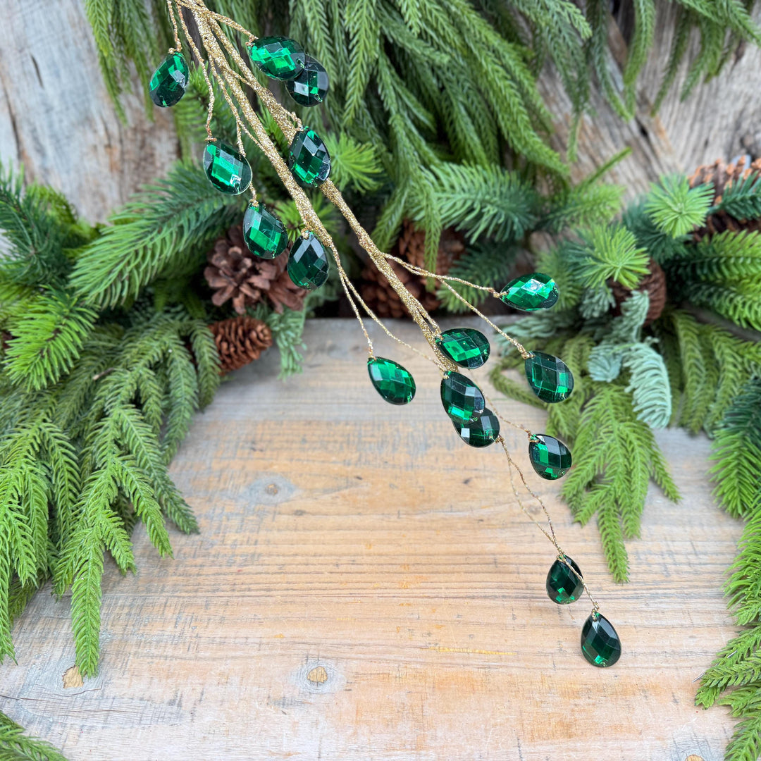 26" Emerald Green Gem Spray – Faceted Jewel Christmas Tree Pick