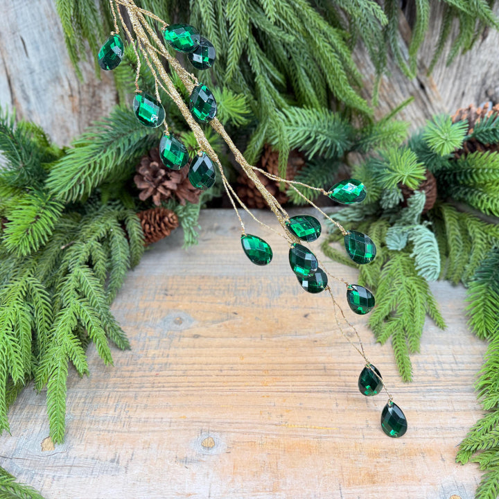 26" Emerald Green Gem Spray – Faceted Jewel Christmas Tree Pick
