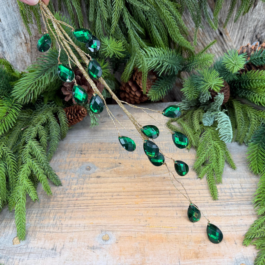 26" Emerald Green Gem Spray – Faceted Jewel Christmas Tree Pick