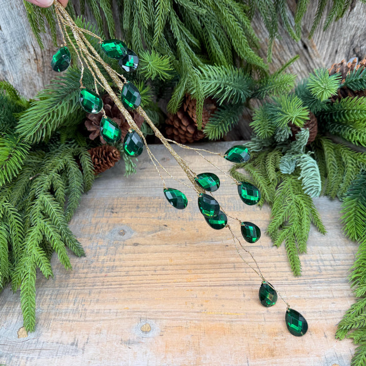 26" Emerald Green Gem Spray – Faceted Jewel Christmas Tree Pick