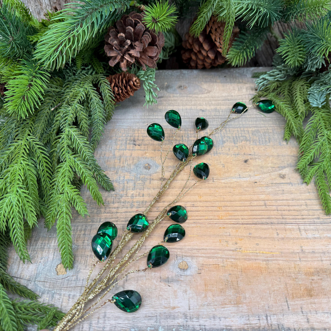 26" Emerald Green Gem Spray – Faceted Jewel Christmas Tree Pick