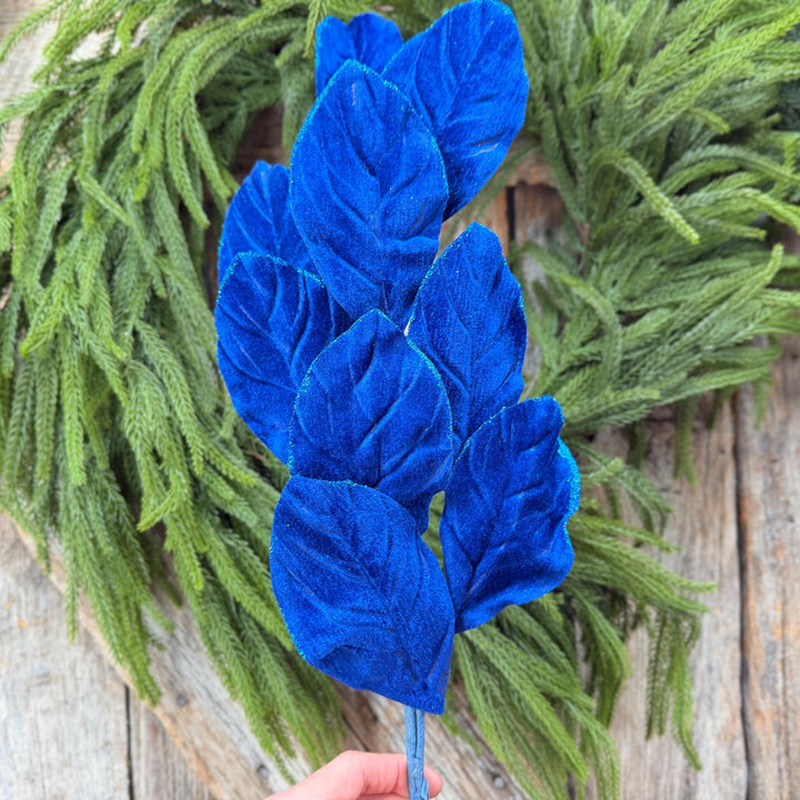 30" Sapphire Blue Velvet Magnolia Leaf Spray
