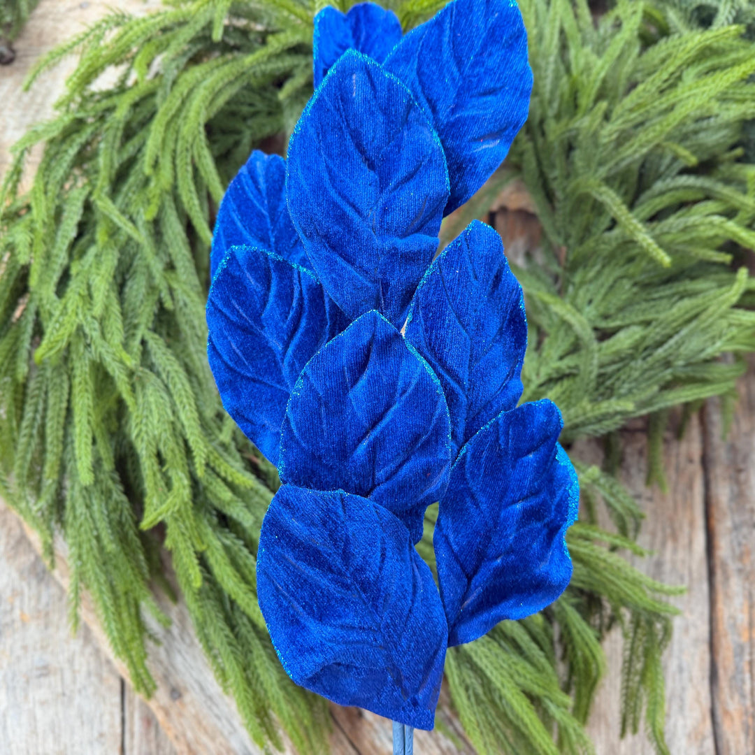 30" Sapphire Blue Velvet Magnolia Leaf Spray
