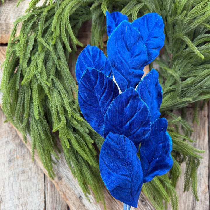 30" Sapphire Blue Velvet Magnolia Leaf Spray