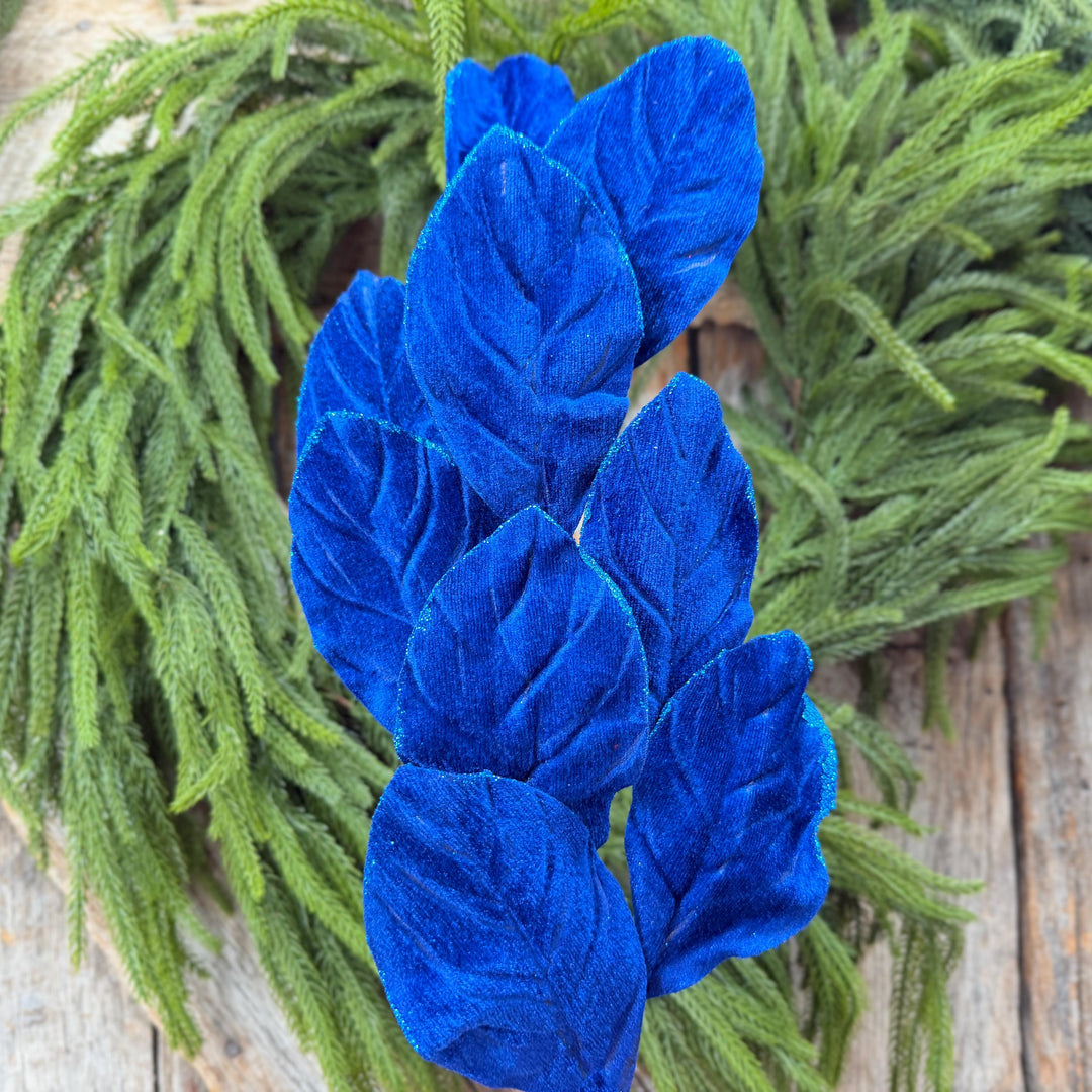 30" Sapphire Blue Velvet Magnolia Leaf Spray