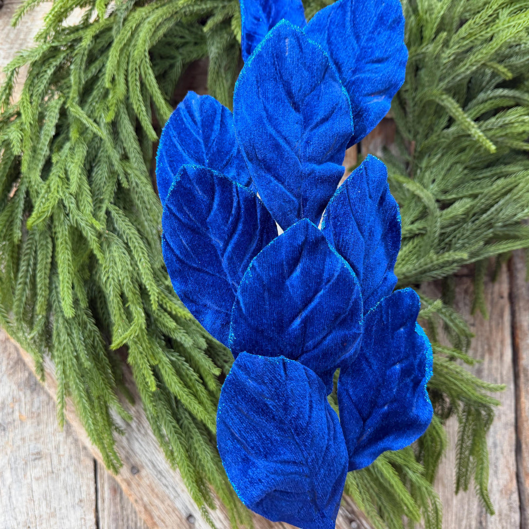 30" Sapphire Blue Velvet Magnolia Leaf Spray