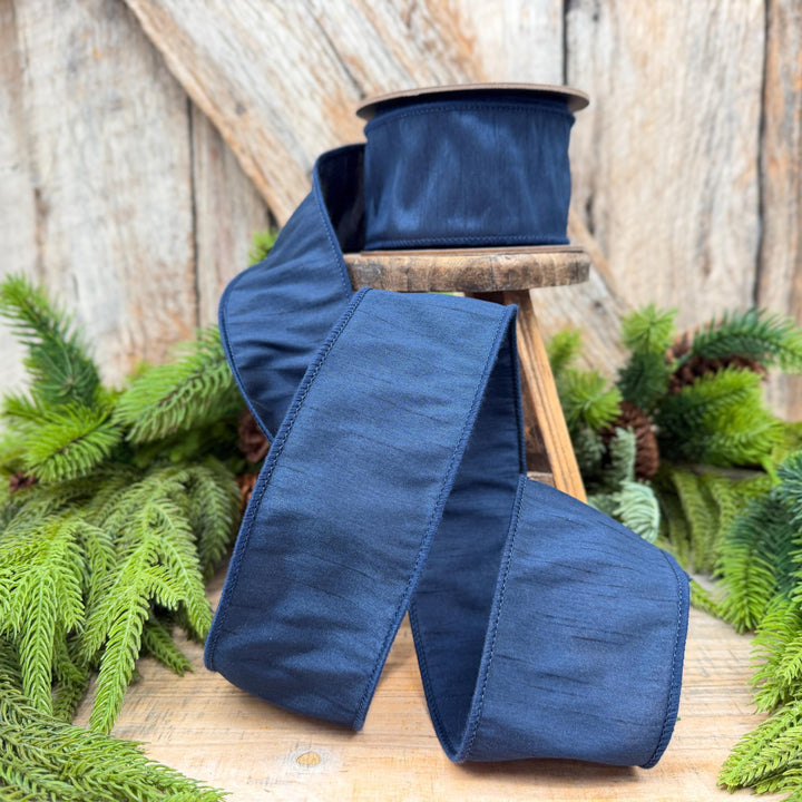 2.5" Navy Blue Dupioni Ribbon, Christmas Ribbon, Christmas Ribbon, Wired