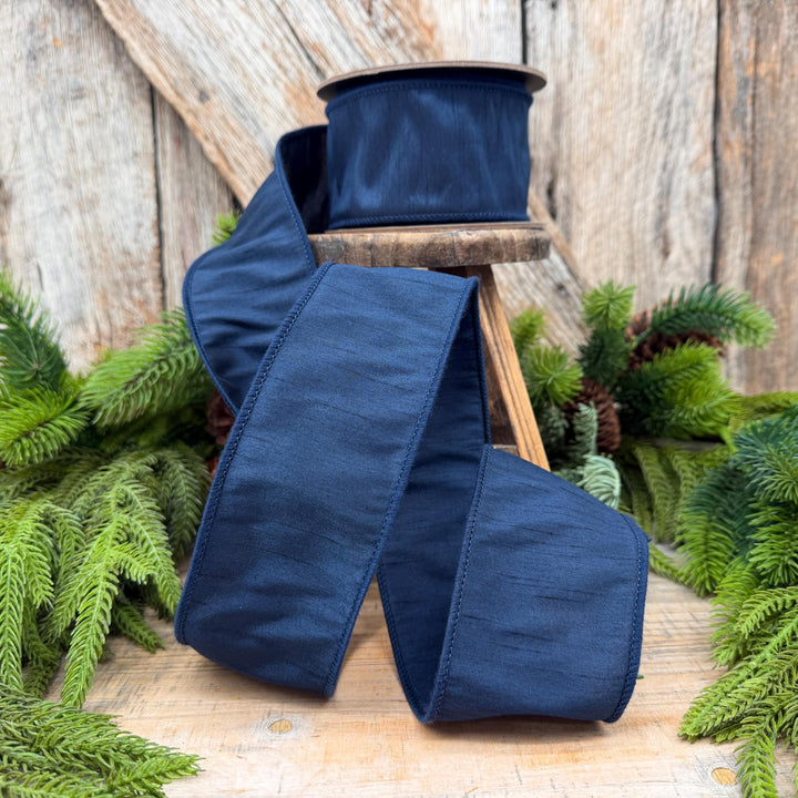 2.5" Navy Blue Dupioni Ribbon, Christmas Ribbon, Christmas Ribbon, Wired
