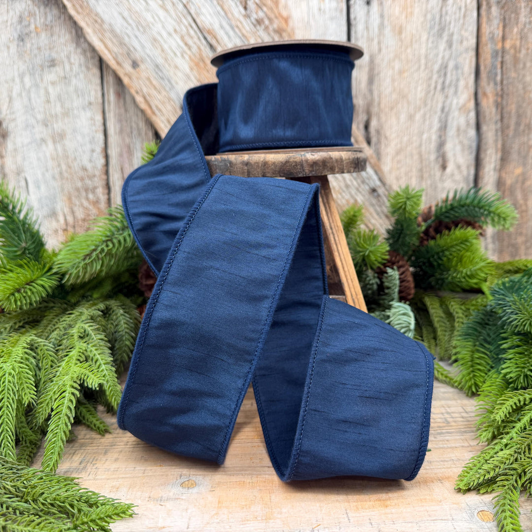 2.5" Navy Blue Dupioni Ribbon, Christmas Ribbon, Christmas Ribbon, Wired