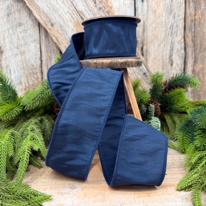 2.5" Navy Blue Dupioni Ribbon, Christmas Ribbon, Christmas Ribbon, Wired