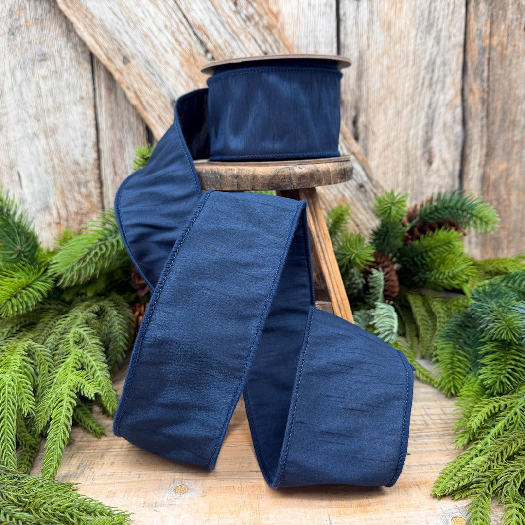 2.5" Navy Blue Dupioni Ribbon, Christmas Ribbon, Christmas Ribbon, Wired