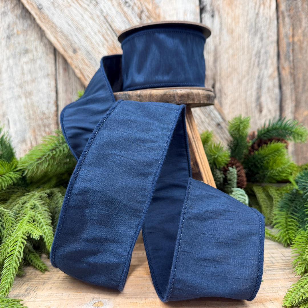 2.5" Navy Blue Dupioni Ribbon, Christmas Ribbon, Christmas Ribbon, Wired