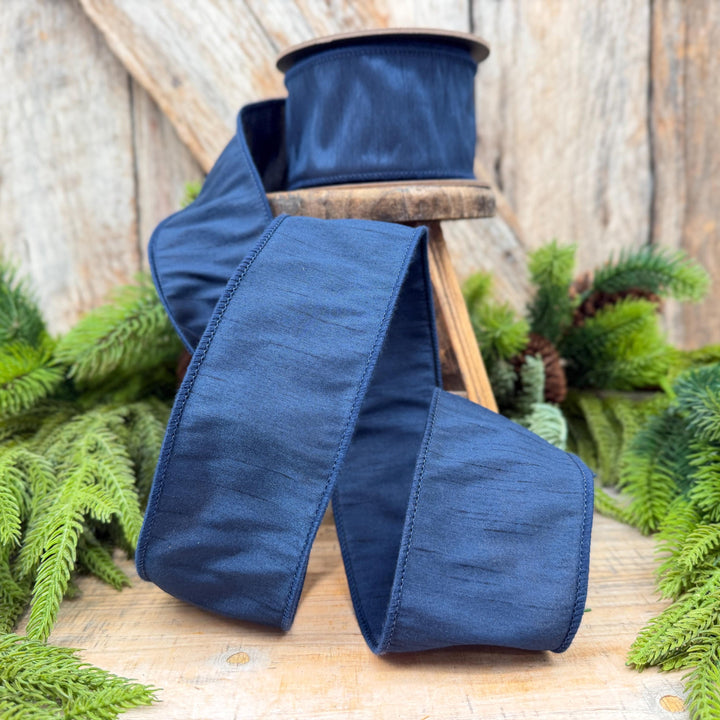 2.5" Navy Blue Dupioni Ribbon, Christmas Ribbon, Christmas Ribbon, Wired