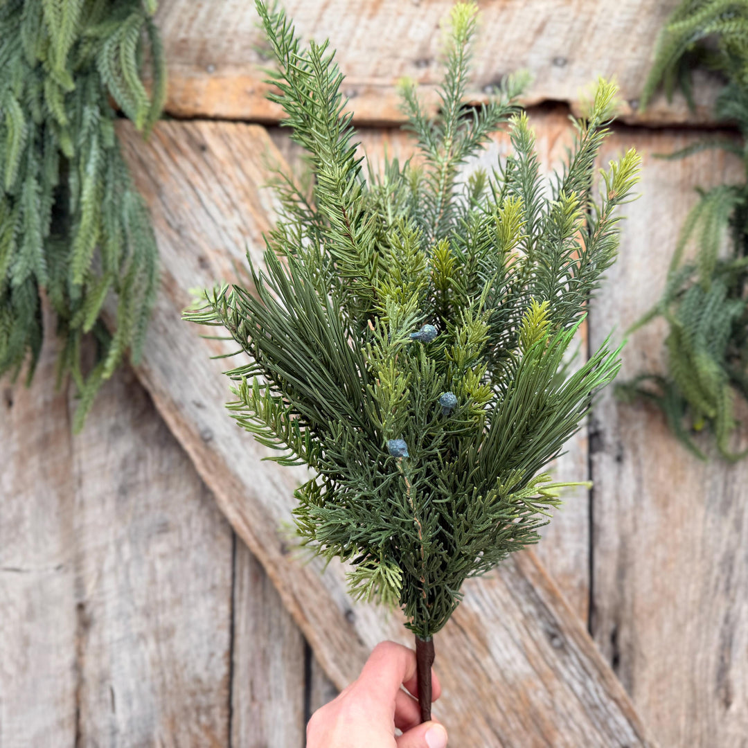 24" Belgium Pine Mixed Evergreen Spray, Faux greenery