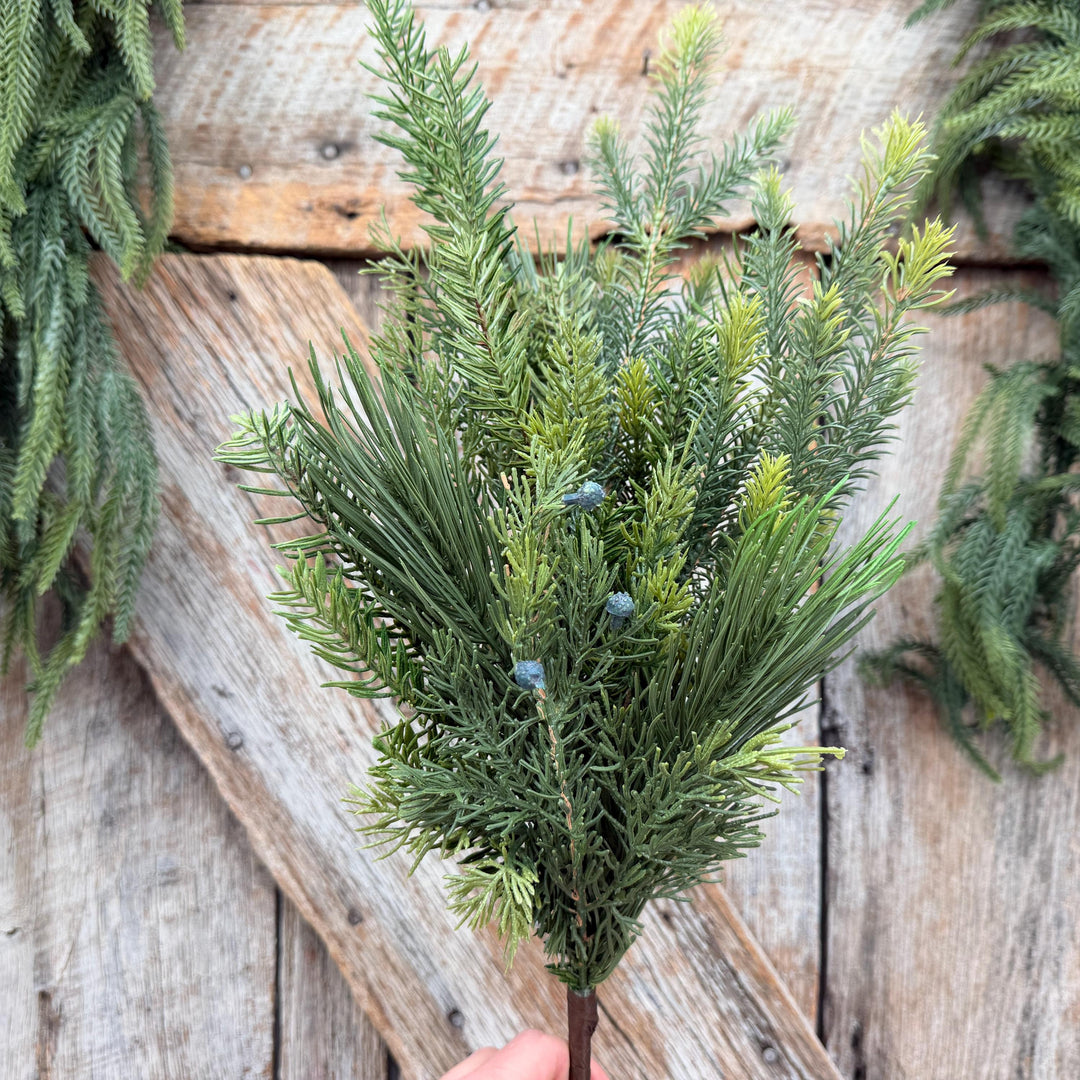 24" Belgium Pine Mixed Evergreen Spray, Faux greenery