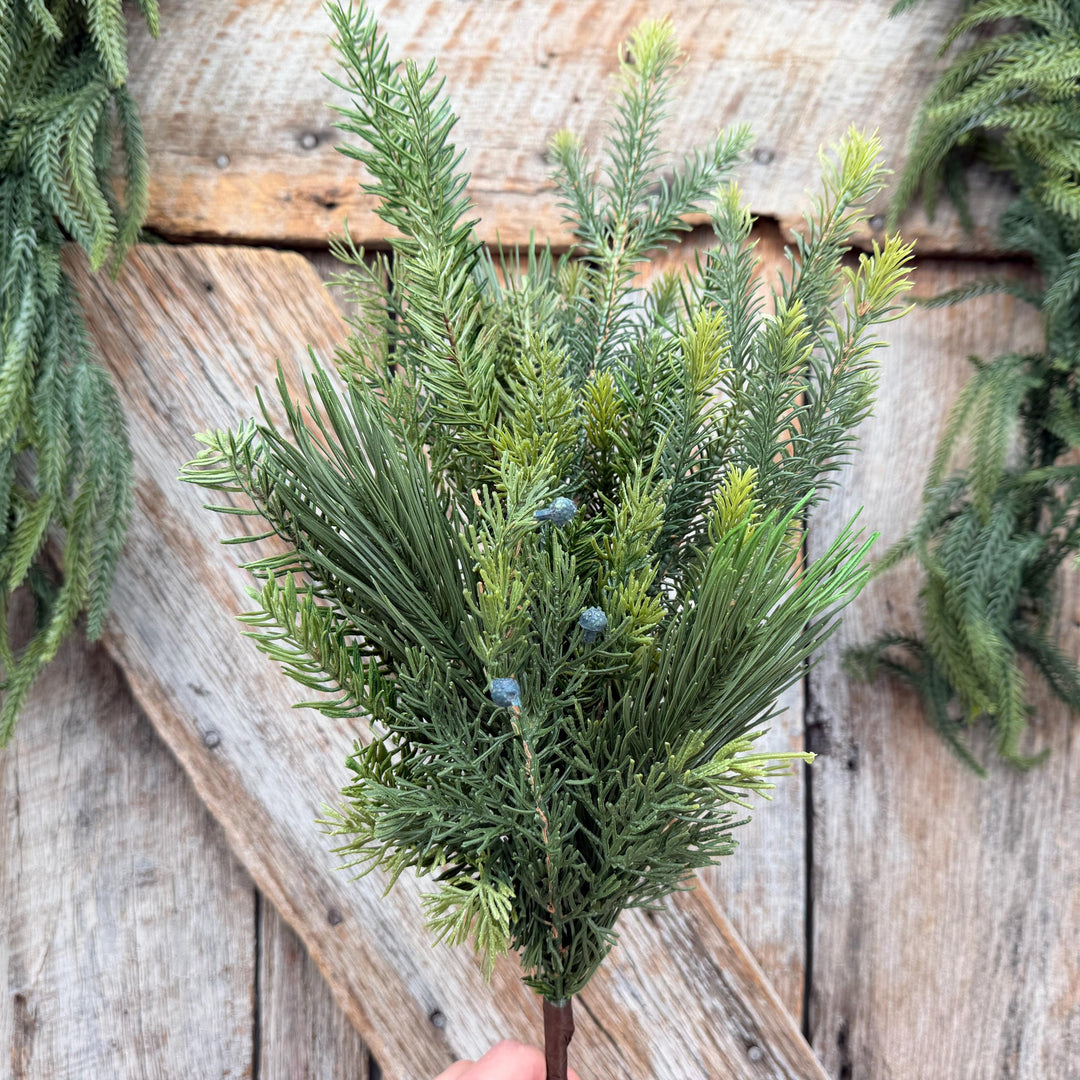 24" Belgium Pine Mixed Evergreen Spray, Faux greenery