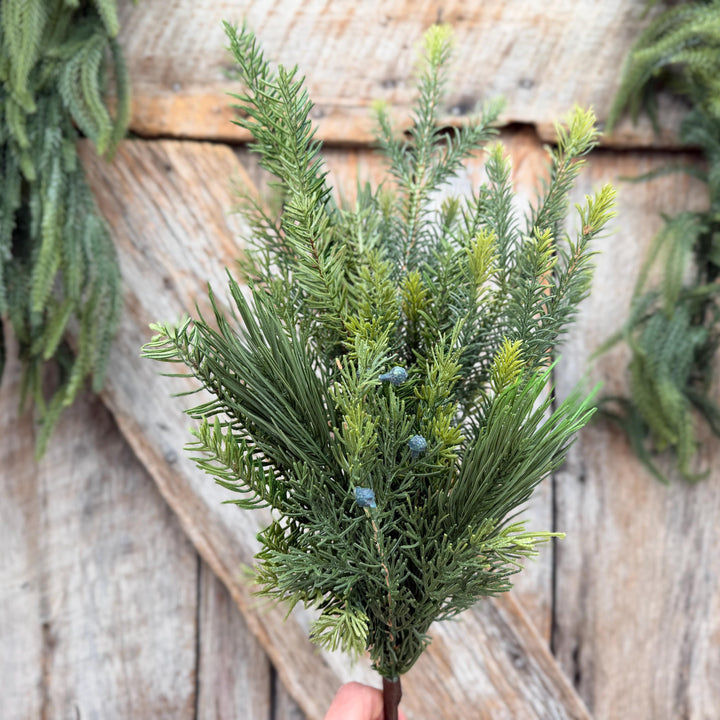 24" Belgium Pine Mixed Evergreen Spray, Faux greenery