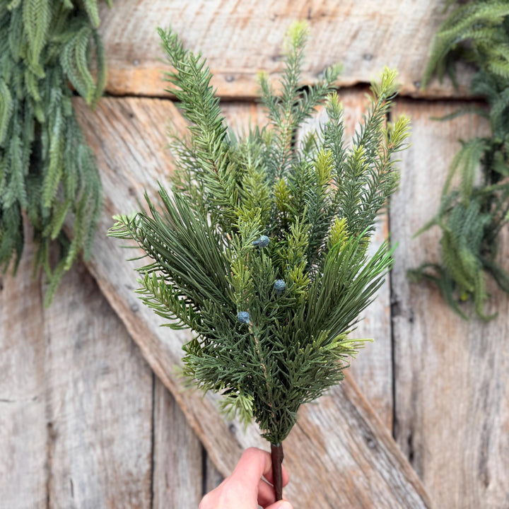24" Belgium Pine Mixed Evergreen Spray, Faux greenery