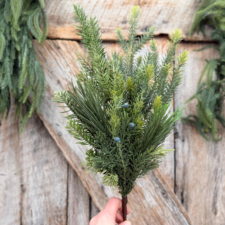 24" Belgium Pine Mixed Evergreen Spray, Faux greenery