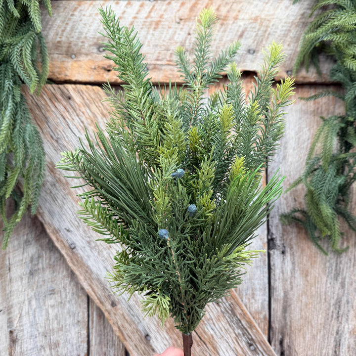 24" Belgium Pine Mixed Evergreen Spray, Faux greenery