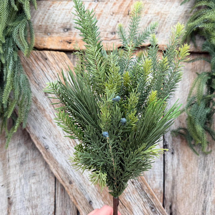 24" Belgium Pine Mixed Evergreen Spray, Faux greenery