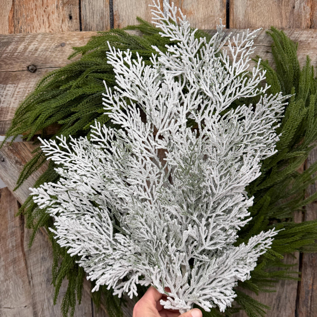 29" Snow Flocked Cypress Spray – White Christmas Greenery