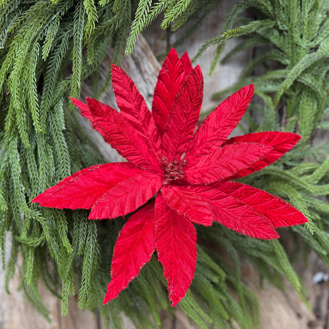 24" Red Velvet Poinsettia Stem, Christmas Tree Floral