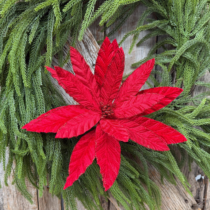24" Red Velvet Poinsettia Stem, Christmas Tree Floral
