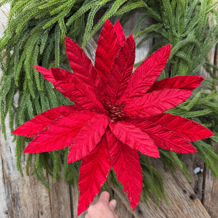 24" Red Velvet Poinsettia Stem, Christmas Tree Floral
