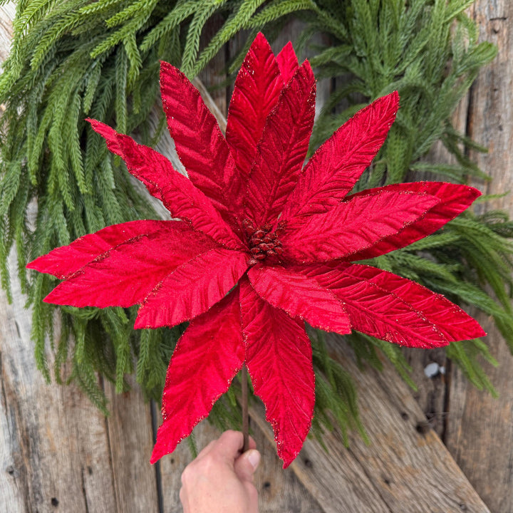 24" Red Velvet Poinsettia Stem, Christmas Tree Floral