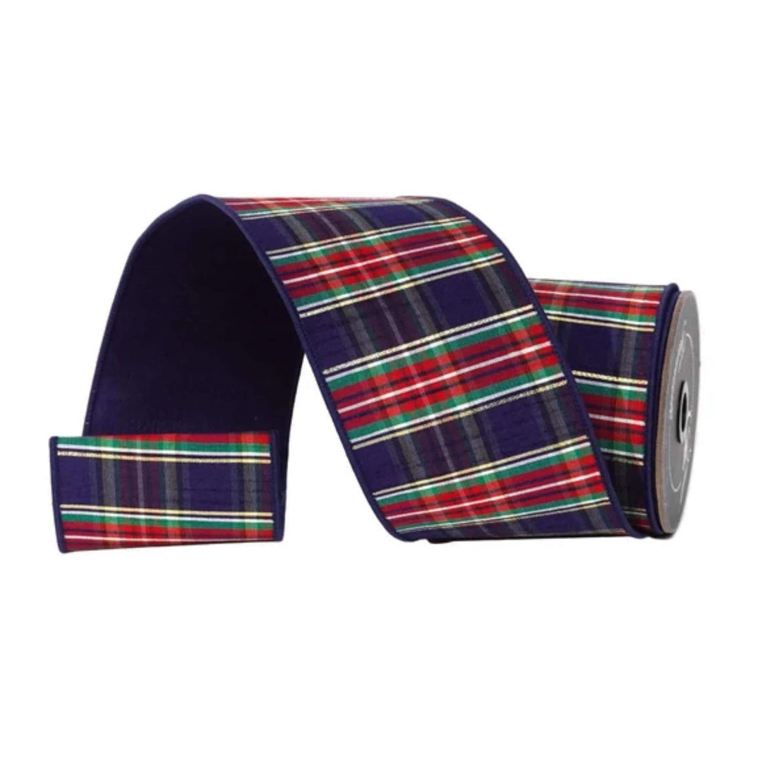 4" Navy Blue Christmas Plaid Ribbon, Farrisilk Plaid Ribbon