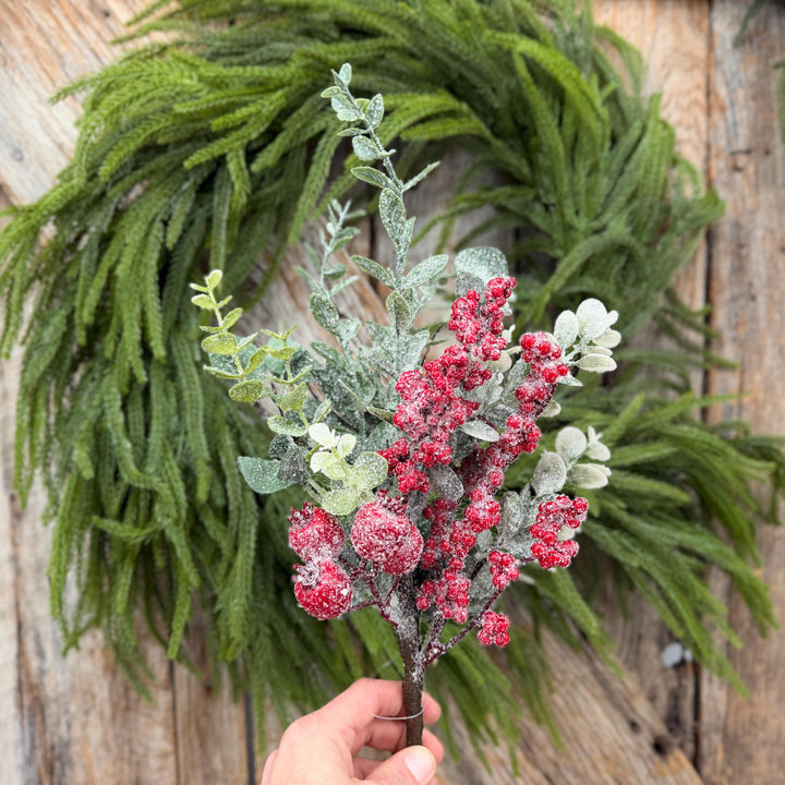 18" Icy Red Berry and Frosted Greenery Pick – Christmas Floral Spray