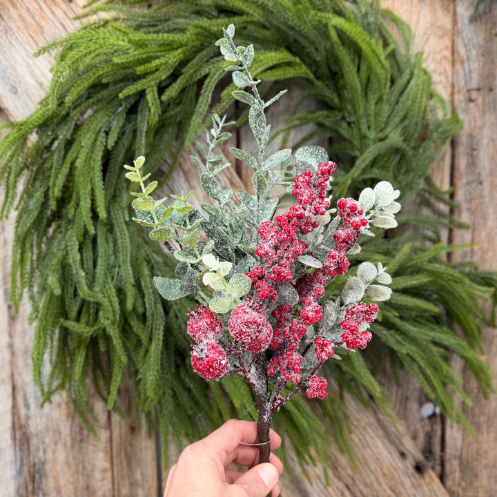 18" Icy Red Berry and Frosted Greenery Pick – Christmas Floral Spray