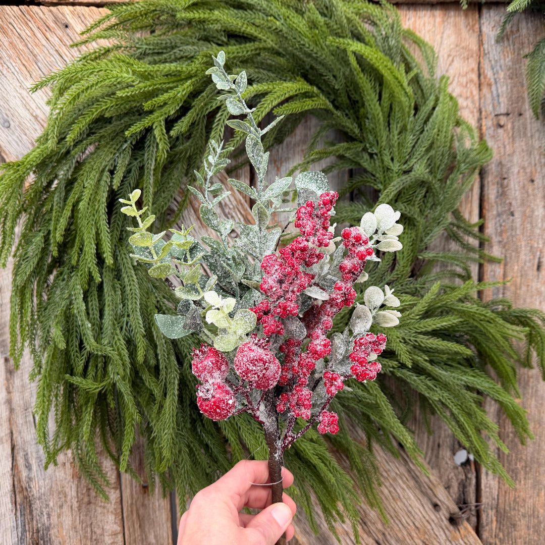 18" Icy Red Berry and Frosted Greenery Pick – Christmas Floral Spray