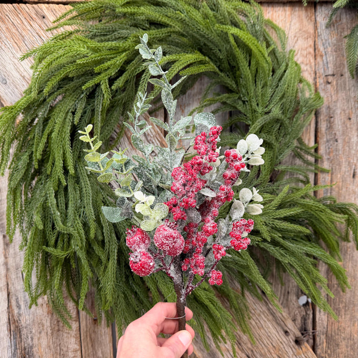 18" Icy Red Berry and Frosted Greenery Pick – Christmas Floral Spray