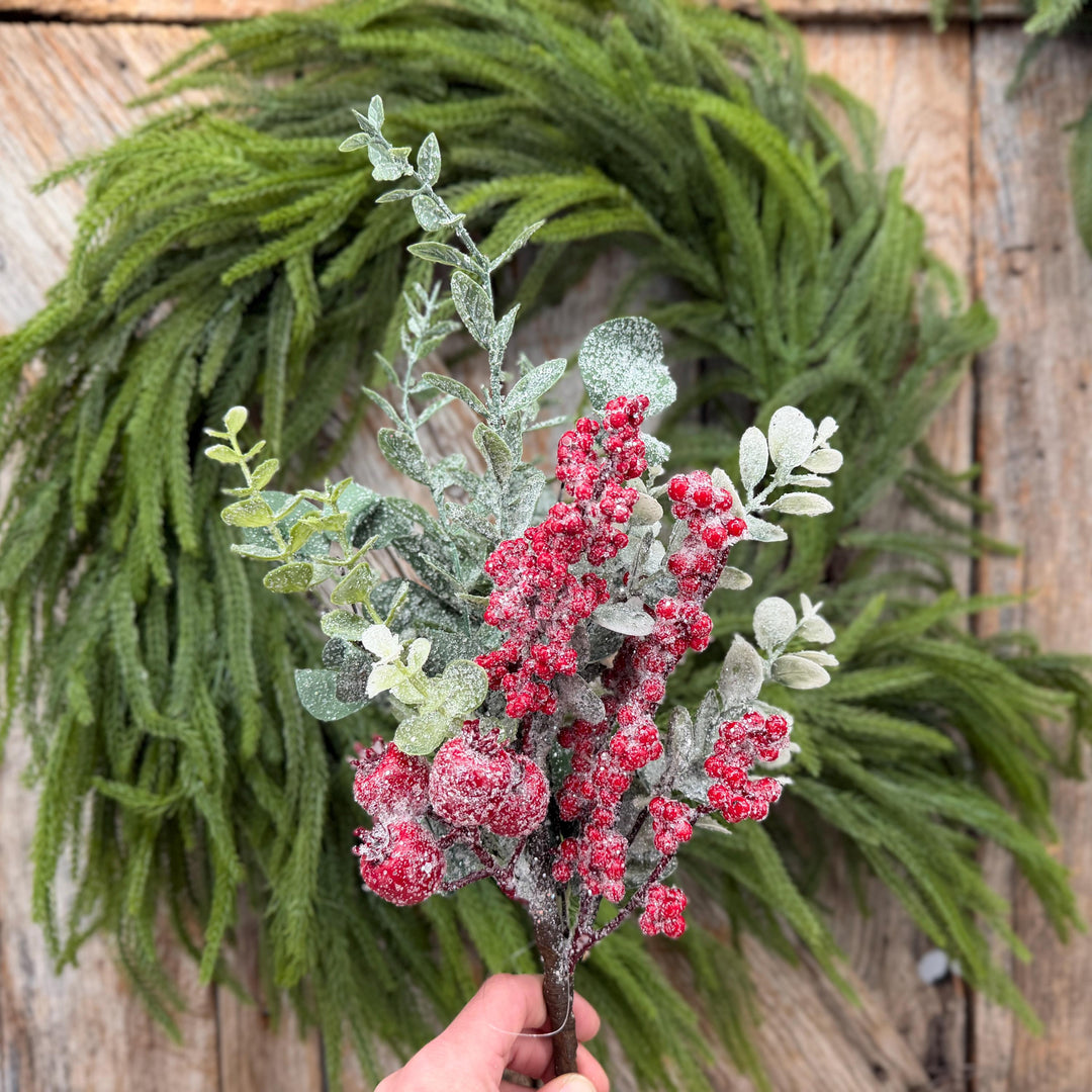 18" Icy Red Berry and Frosted Greenery Pick – Christmas Floral Spray