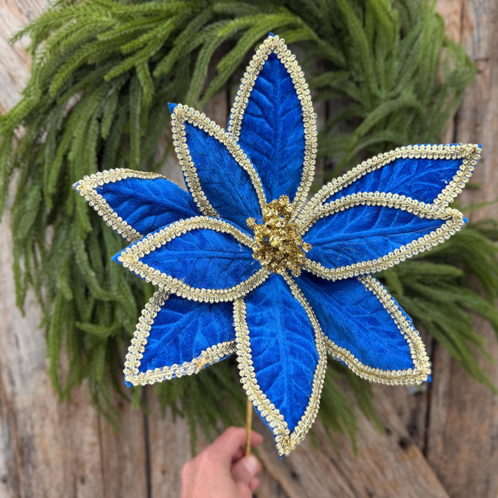 22" Royal Blue Velvet Poinsettia with Gold Trim
