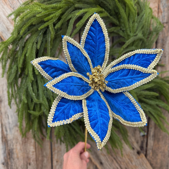 22" Royal Blue Velvet Poinsettia with Gold Trim