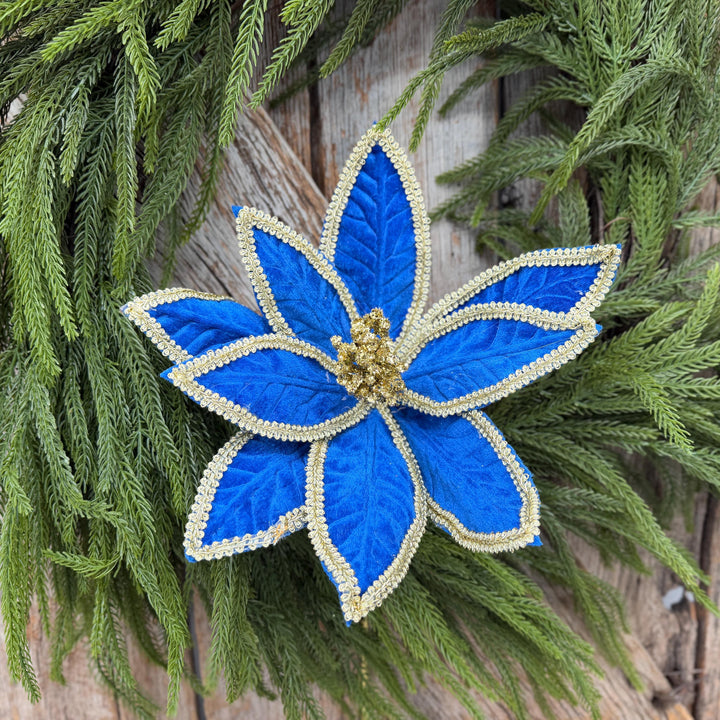 22" Royal Blue Velvet Poinsettia with Gold Trim