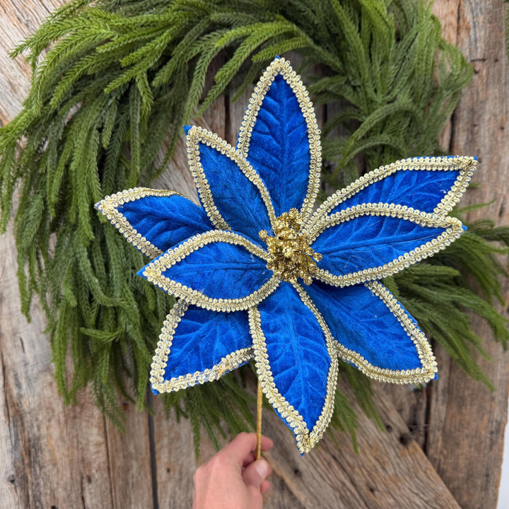 22" Royal Blue Velvet Poinsettia with Gold Trim