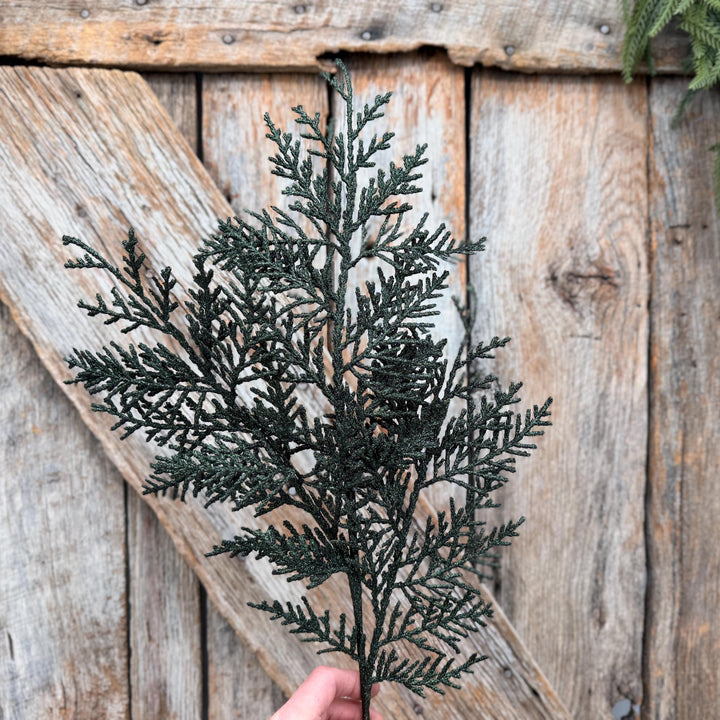 24" Dark Green Glitter Cedar Spray – Christmas Greenery