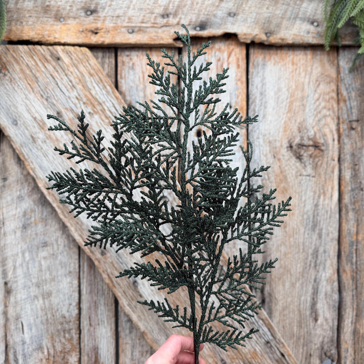 24" Dark Green Glitter Cedar Spray – Christmas Greenery