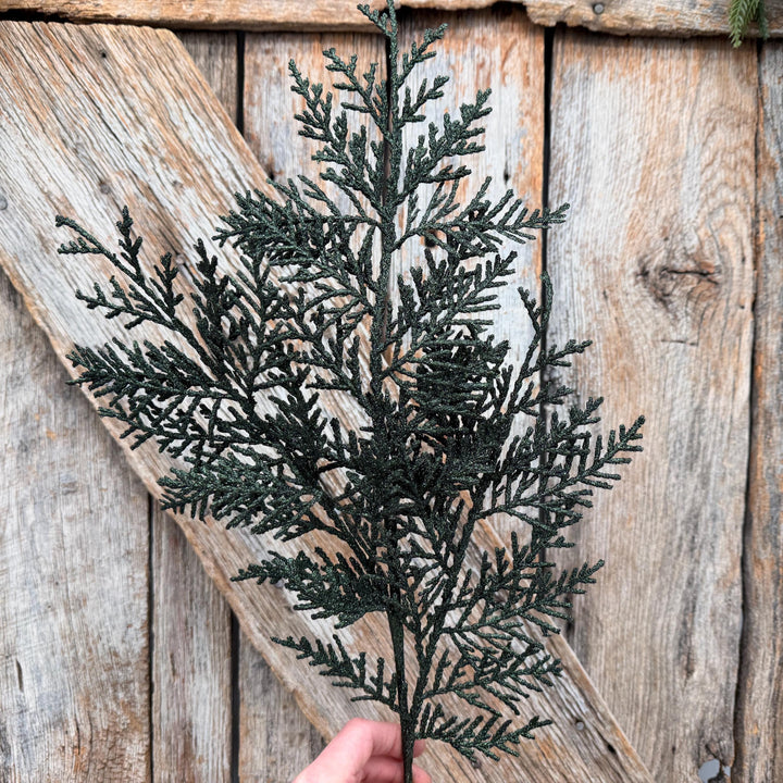 24" Dark Green Glitter Cedar Spray – Christmas Greenery