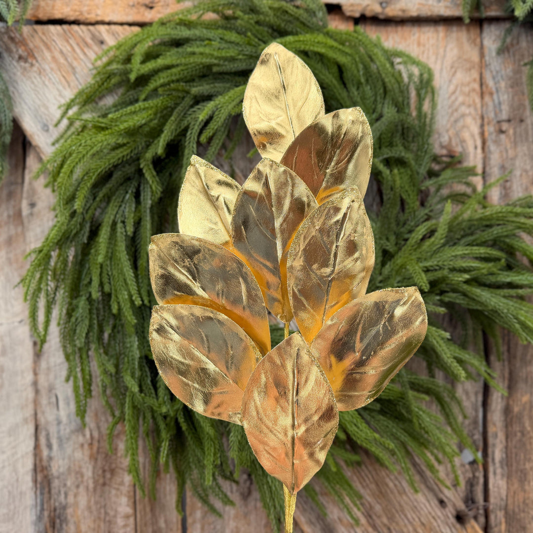 30" Gold Metallic Magnolia Leaf Spray