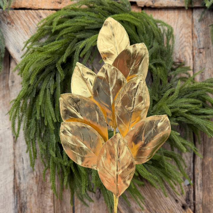 30" Gold Metallic Magnolia Leaf Spray